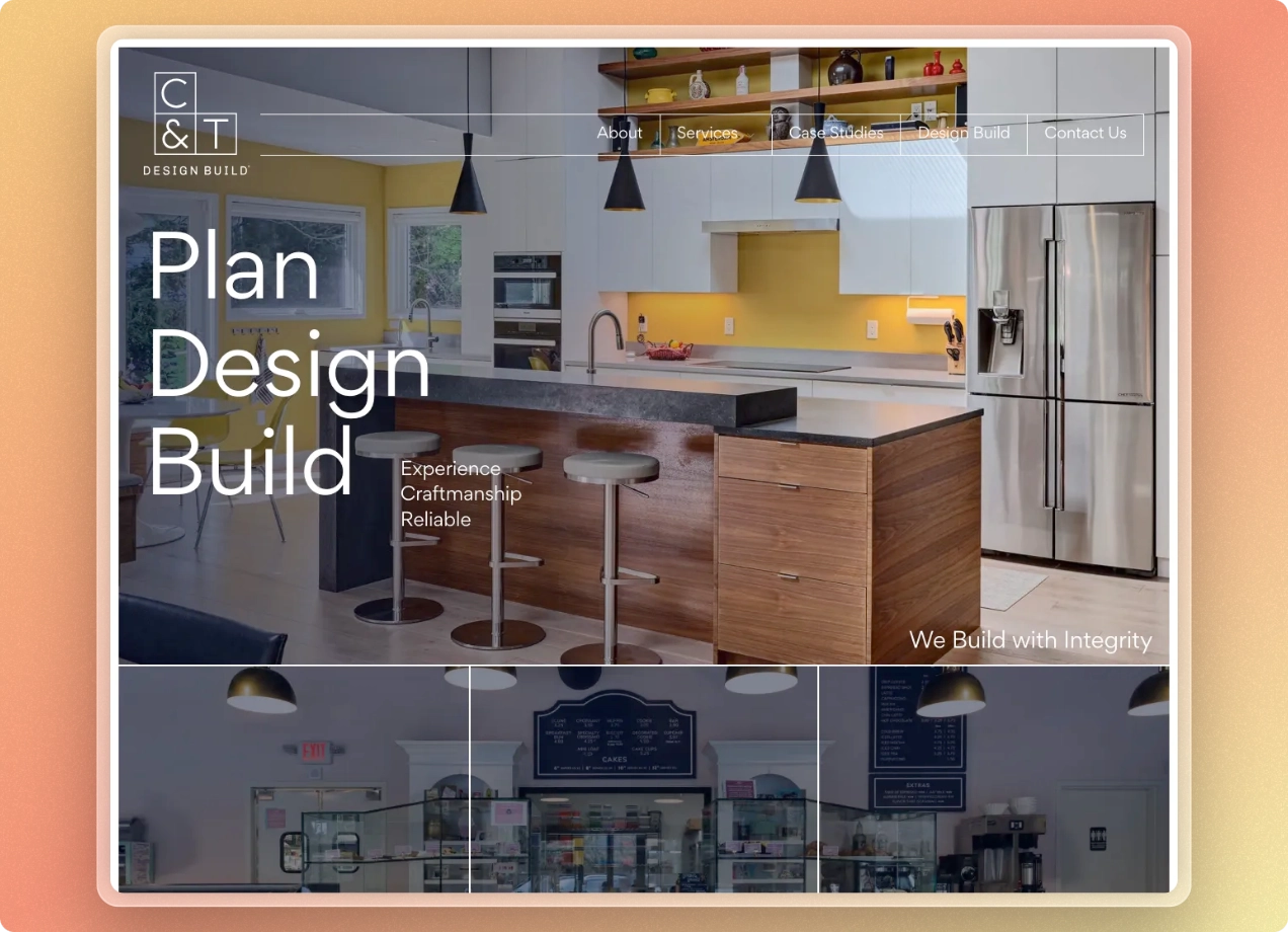 C&T Design Build homepage with a modern kitchen and the headline "Plan Design Build"