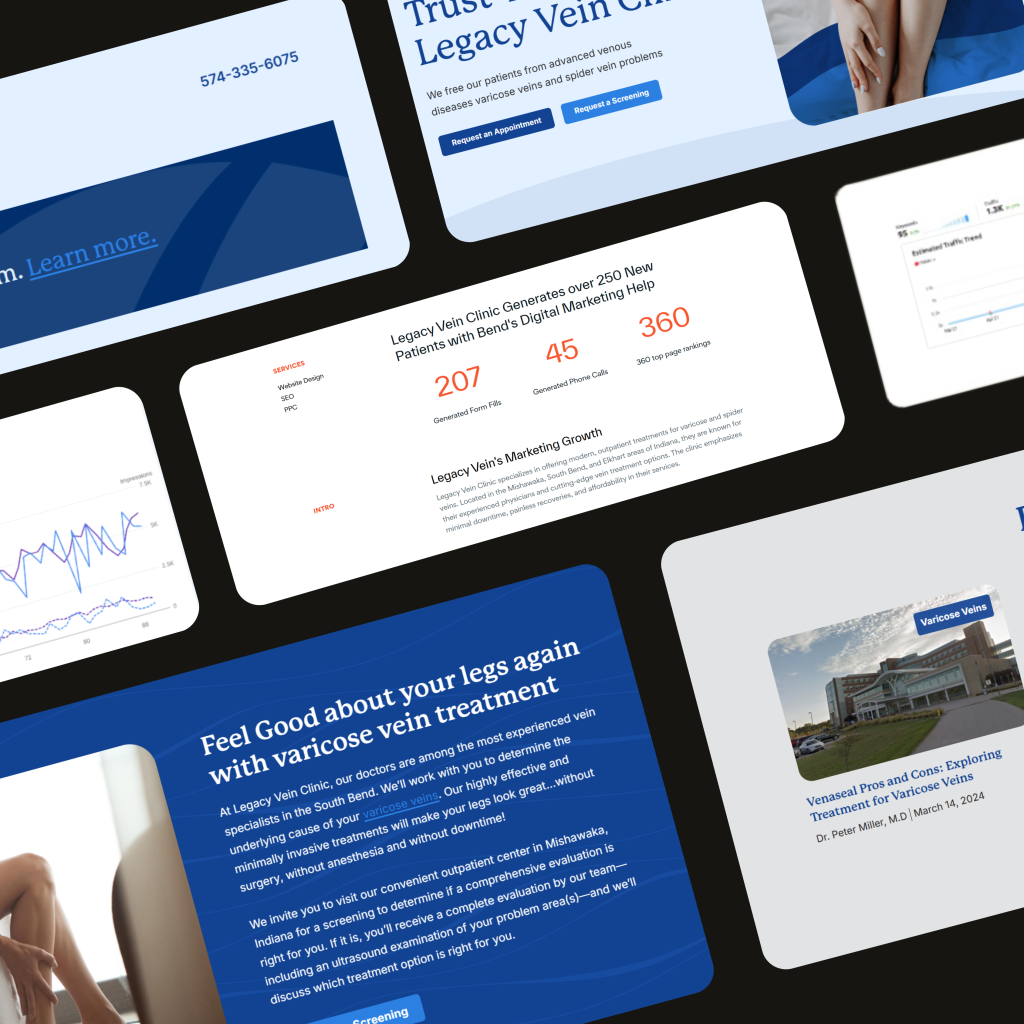 Legacy Vein Clinic website pages and lead results