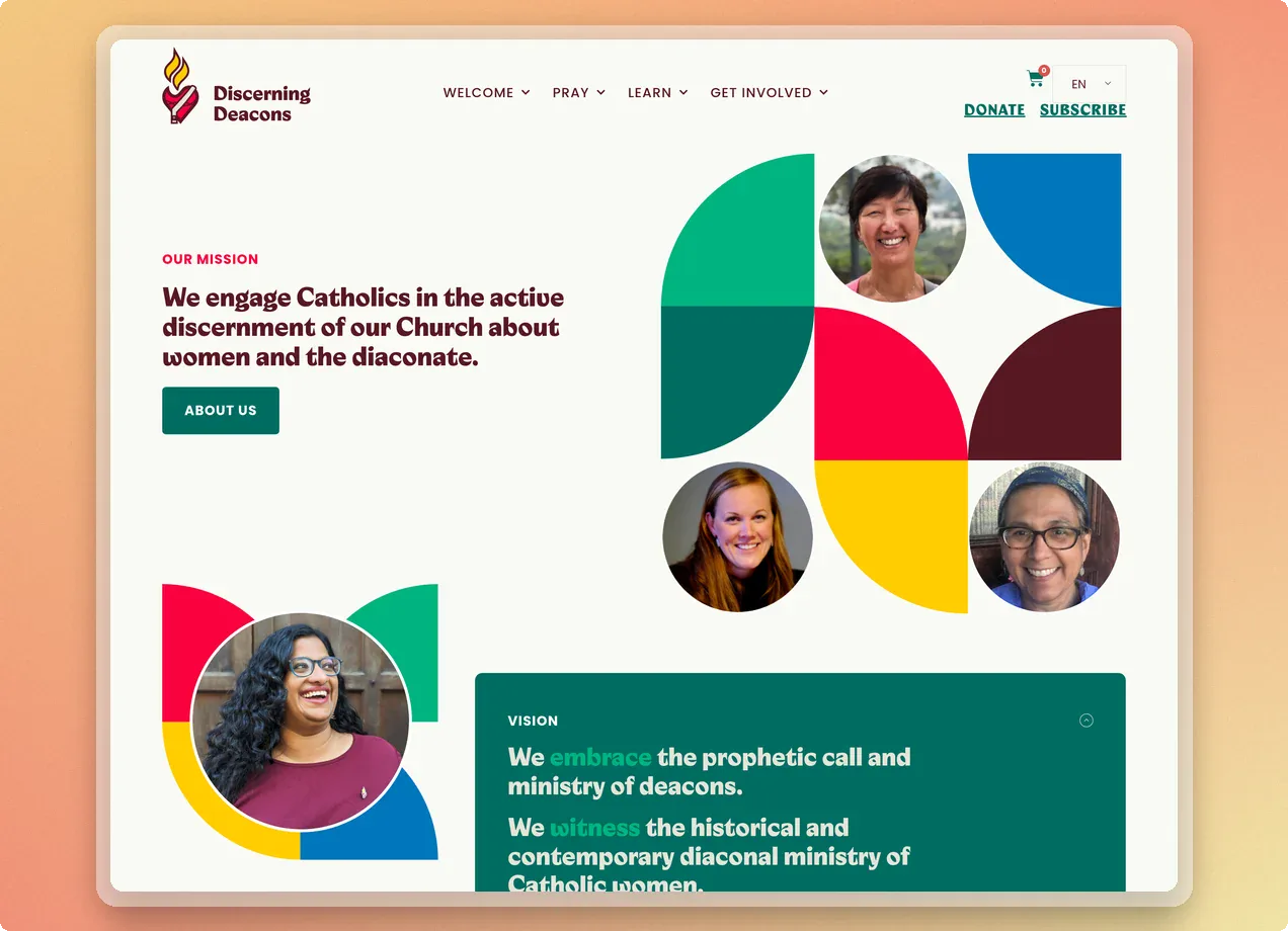 Discerning Deacons homepage with colorful call-to-action buttons