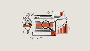 Hand-drawn illustration of pages dropping into a funnel, a magnifying glass over a highlighted paragraph on a web page, a search bar, and an answer bubble with a number 1 citation